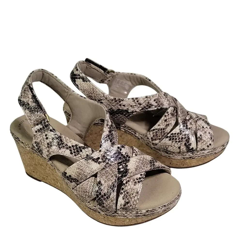 Clarks Annadel Rayna Wedge Taupe Snakeprint Sandals Womens Size 6.5 NEW